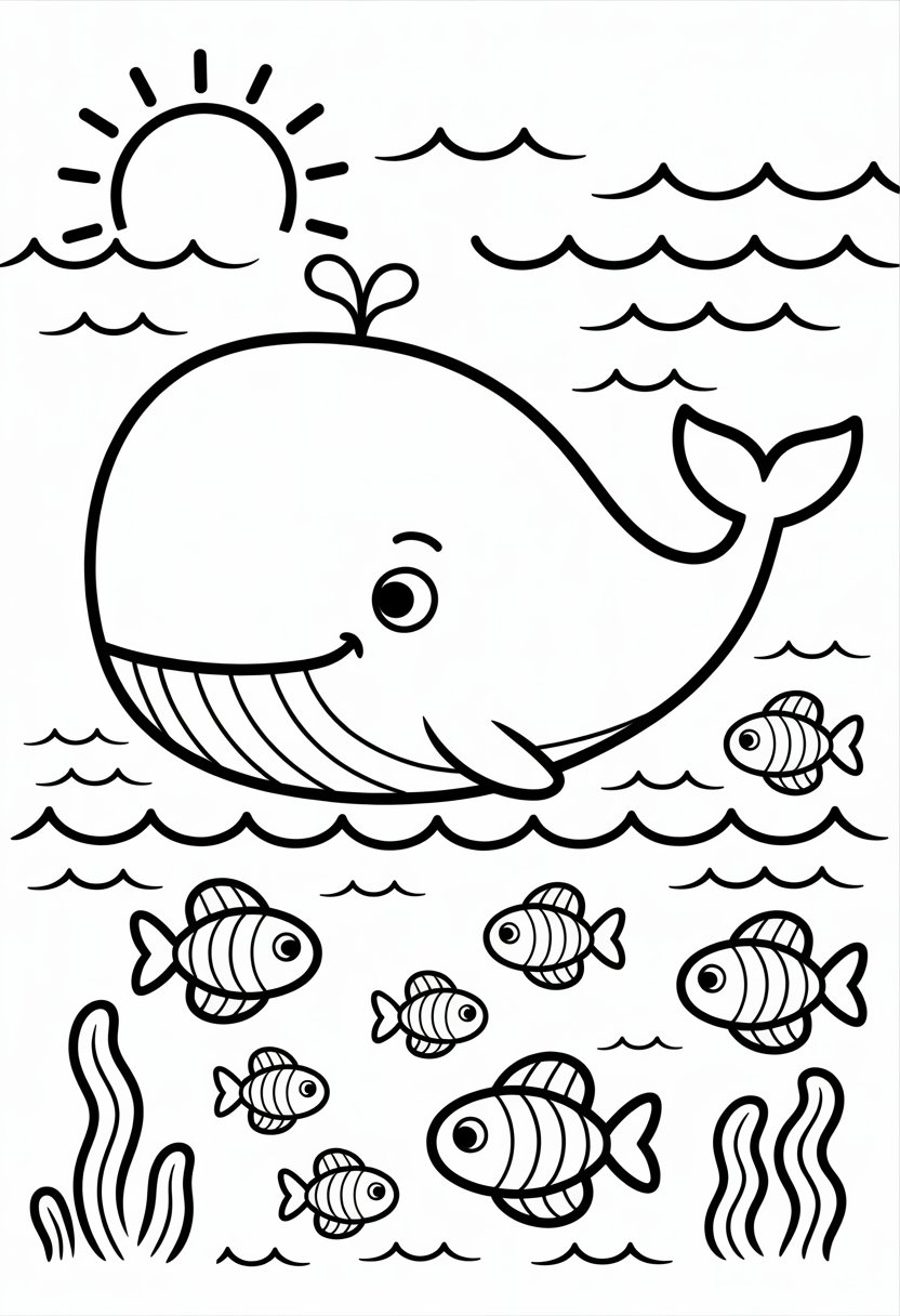 Whale Coloring Pages For Kids | 11 Fun and Educational Designs 9 A large smiling whale swimming in the ocean surrounded by small fish, waves, sea plants, and a sun above.